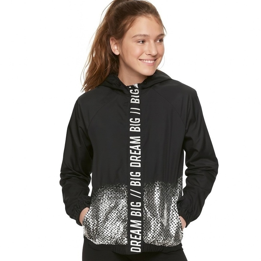 Ideology Girls Black Holographic Hooded Windbreaker Jacket Dream‎ Big Size M New